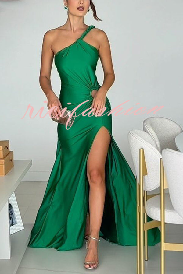 Ermia Satin Twist Ruched One Shoulder Cutout Detail Slit Maxi Dress