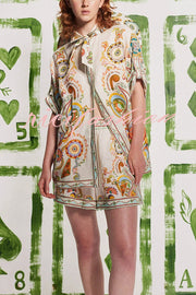 Antibes Unique Printed Loose Button-down Shirt and Pocket Elastic Waist Shorts Set