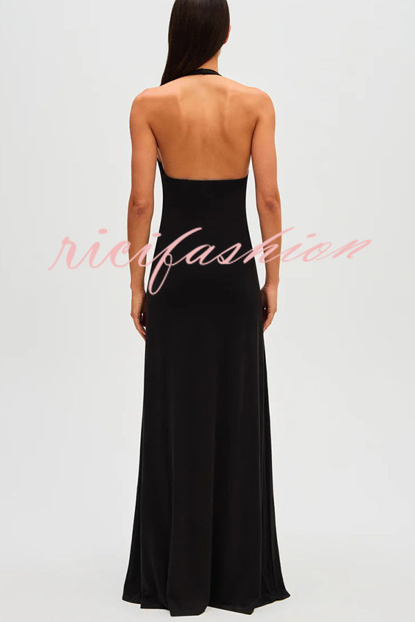 Sexy Silhouette Deep U-neck Halter Waterfall Sash Drape Maxi Dress