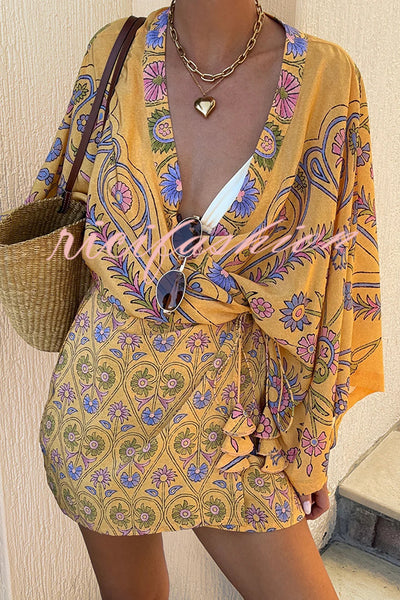 Mumbai's Flower Unique Print Batwing Sleeve Wrap Tie-up Boho Mini Dress