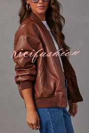 Solid Color Long Sleeve Loose Pocket Leather Jacket