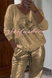 Three-dimensional Eye V-neck Long-sleeved Hot Stamping Top