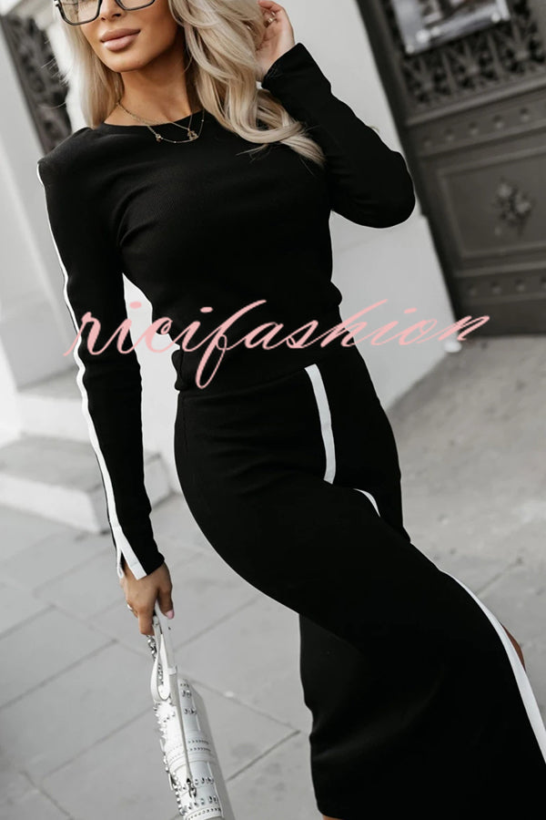 Stylish Paneled Long Sleeve Crew Neck Top and Elastic Waist Slit Midi Skirt Set