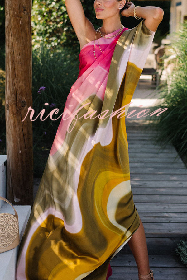 Summertime Favorites Satin Tie Dye Print One Shoulder Drape Vacation Maxi Dress