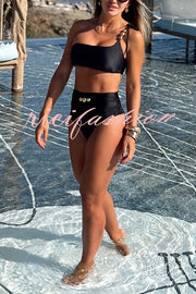 Solid Color One-shoulder High Waist Stretch Bikini Swimsuit