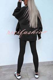 Solid Color Loose Long Sleeve SlitSweatshirt and Elastic Waist Tight Pants Set