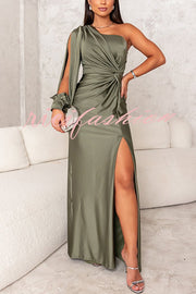 Country Party Charm Satin One Shoulder Twist Detail Slit Maxi Dress