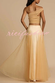 Romance Factor Satin Patchwork Tulle High Rise Elastic Waist A-line Maxi Skirt