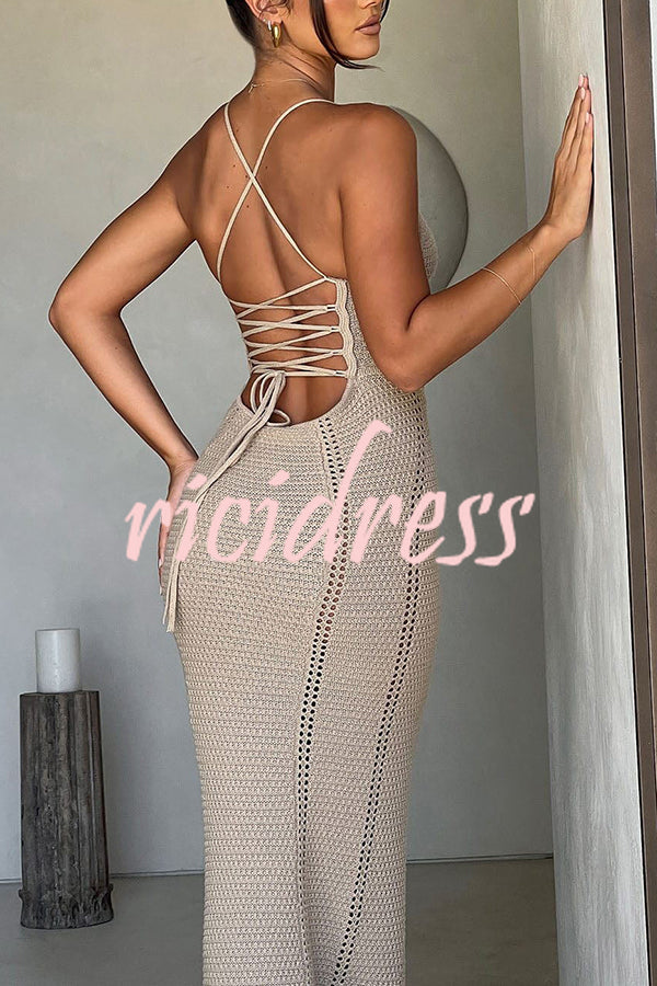 Warm Weather Favorite Knit Crochet Hollow Out Back Lace-up Stretch Maxi Dress