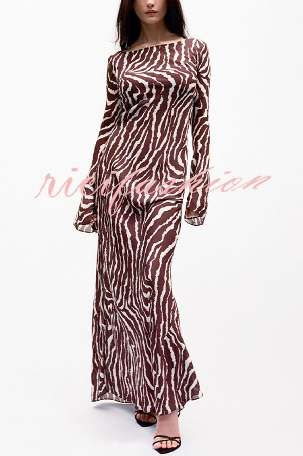 Gia Unique Print Boat Neck Long Bell Sleeve Bias Cut Maxi Dress