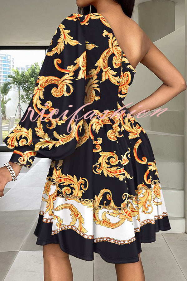 Stylish Printed One Shoulder Tighten Waist Mini Dress