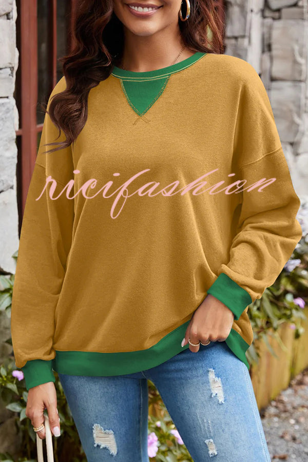 Fashionable Contrasting Color Loose Long-sleeved Casual Sweatshirt