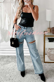 Blowing Your Mind Slit-Front Wide Leg Pocket Rhinestone Jeans