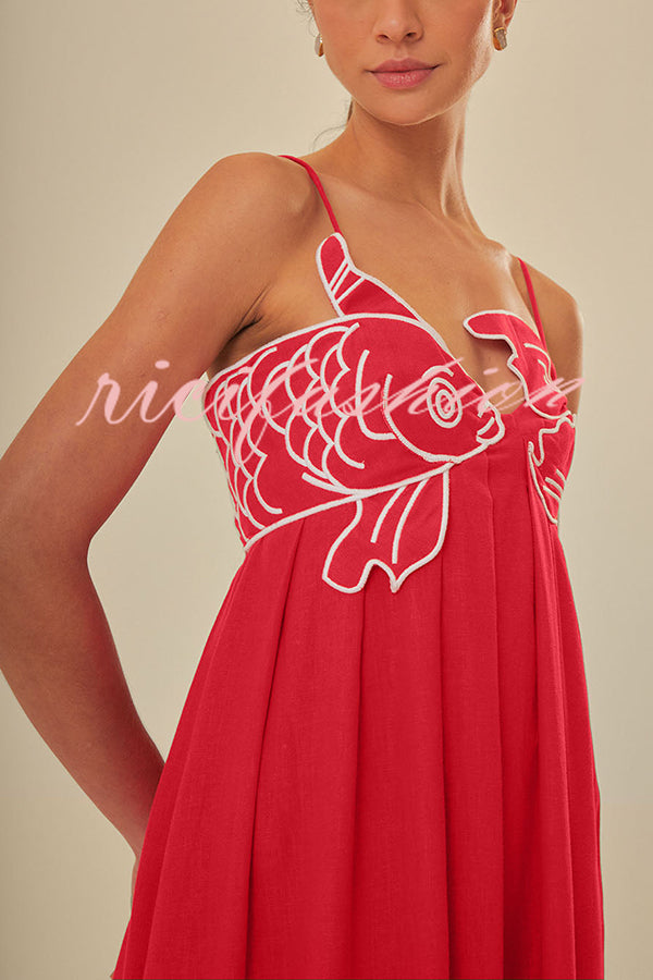 Red Fish Embroidered Sling Backless Maxi Dress