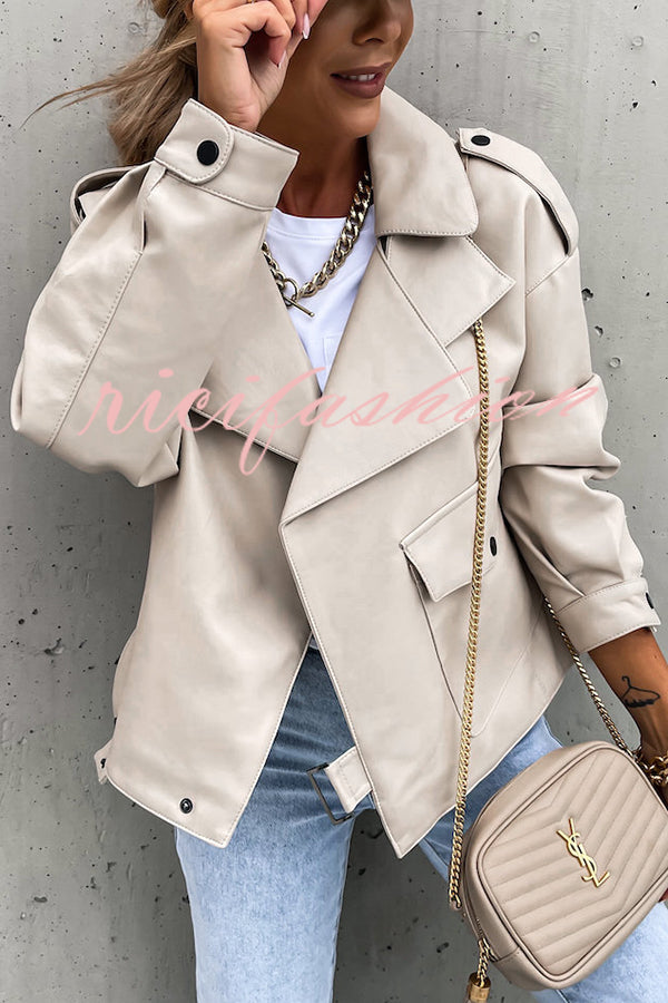 Stylish Leather Lapel Pocket British Style Cropped Jacket