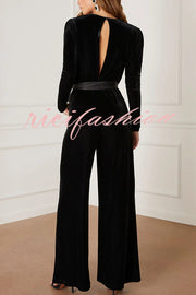 Love One Another Velvet Bow Belted Pocket Cutout Back Loose Jumpsuit