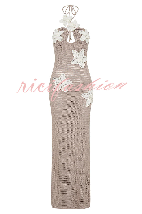 Call It Chic Knit Floral Crochet Halter Fishtail Hem Maxi Dress