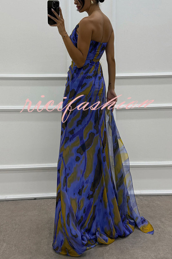 Amazing Views Watercolor Print Feather Rose Detail Off Shoulder Pleated Slit Maxi Dress