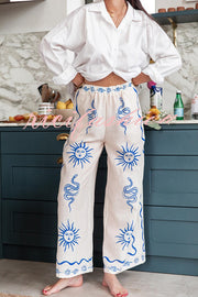 Symbol of Sicily Linen Blend Unique Print Elastic Waist Pocketed Wide Leg Pants