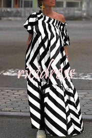 Exquisite Striped Patchwork Bell Sleeve Pocket Maxi Dress