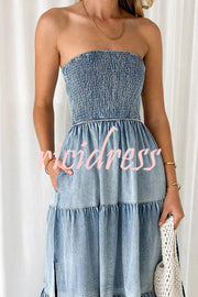 Asmn Off Shoulder Pleated Pocket Paneled Denim Maxi Dress