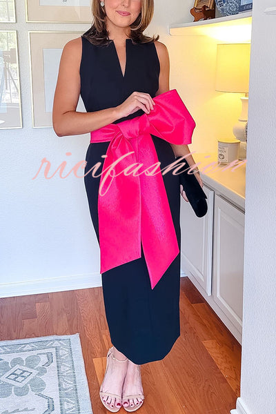 Clean Tailored Taffeta Contrast Oversized Bow Tie Waist Midi Dress