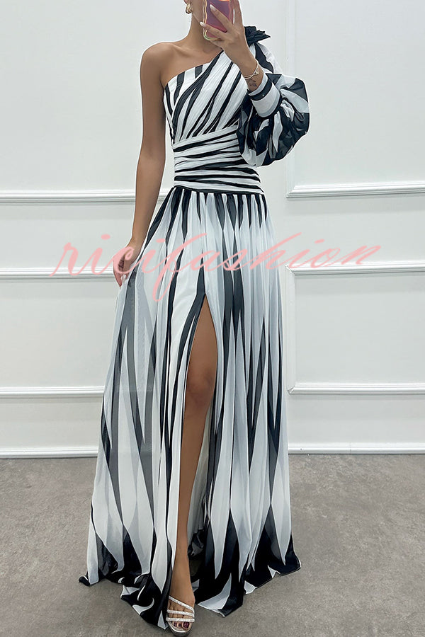 Purely Charming Printed Rose Pendant One Shoulder Pleated Slit Maxi Dress