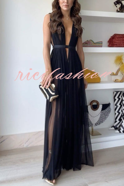 Sexy Muse Semi-sheer Tulle Fabric Fixed Back Tie-up Maxi Dress