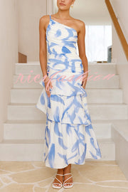 Romantic Season Flower Print One Shoulder Ruched Tiered Maxi Dress