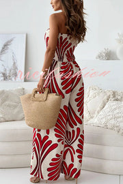 Unique Printed Off-shoulder Pleated Casual Wide-leg Jumpsuit