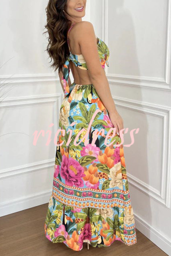 Mexico Style Tropical Print Ring Cutout Lace-up Vacation Maxi Dress