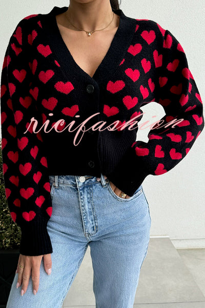 Cute Heart V-neck Long Sleeve Casual Knitted Cardigan