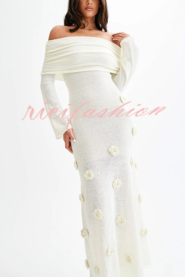 Timeless Sophistication Knit Off Shoulder Rose Detail Stretch Maxi Dress