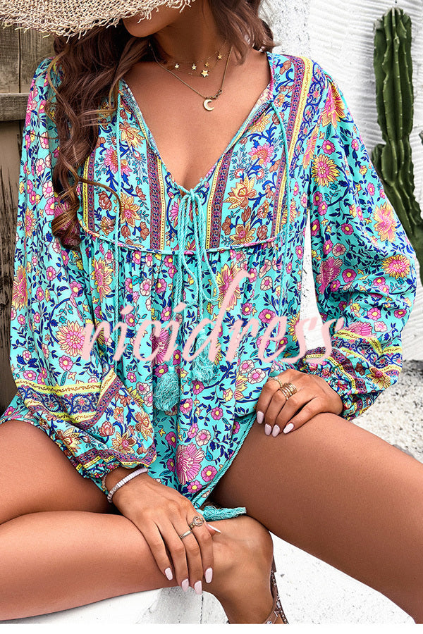 Intricate Floral Print V Neck Lace Up Paneled Long Sleeve Shirt