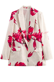 Special Attendance Satin Floral Print Long Sleeve Lapel Loose Blazer