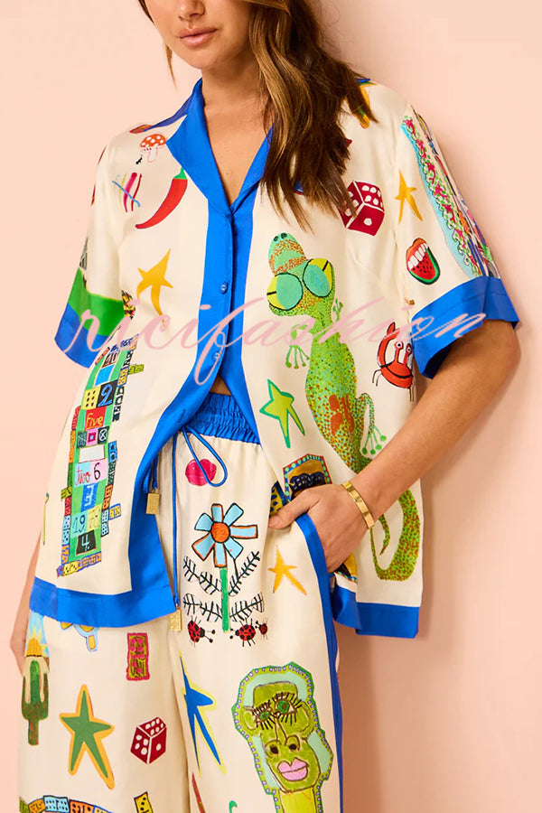 Vibrant Beach Satin Unique Print Colorblock Trim Button Down Oversized Blouse