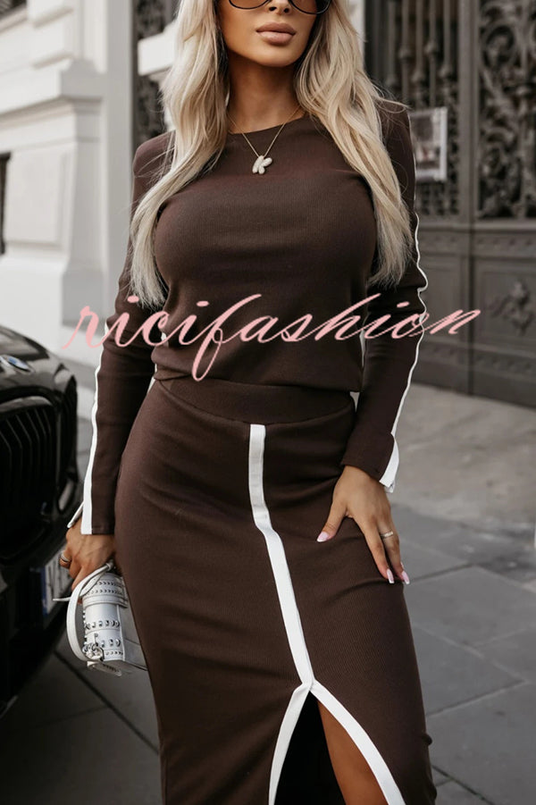 Stylish Paneled Long Sleeve Crew Neck Top and Elastic Waist Slit Midi Skirt Set