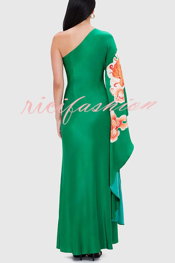 Elegance and Grace Satin Dragon Print One Shoulder Drape Sleeve Maxi Dress