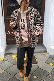 Warm Feel Colorblock Leopard Print Plush Button Up Pocketed Teddy Jacket