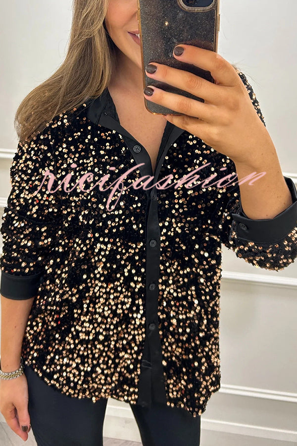 Fashion Velvet Sequined Loose Casual Long-sleeved Shirt