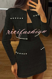 Stylish Sleeveless Tweed Sexy Slim Fit Pearl Embellished Mini Dress