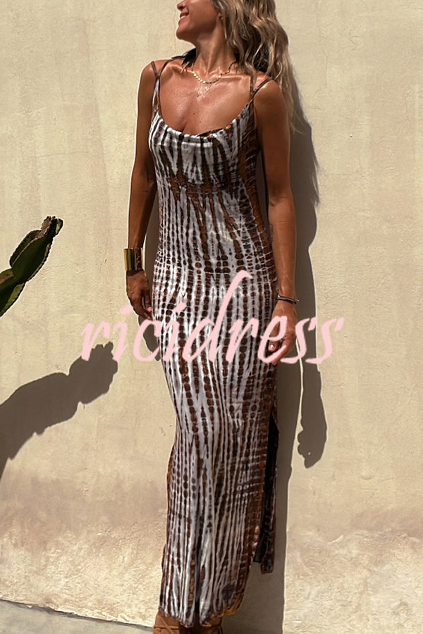 An Inspiration Tie-dye Print Double Shoulder Strap Stretch Maxi Dress