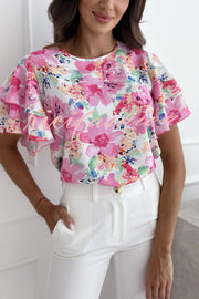 Floral Print Ruffle Sleeve Crew Neck Short Sleeve Top