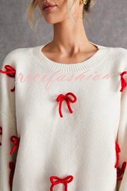 Christmas Bow Round Neck Loose Long Sleeve Knitted Sweater