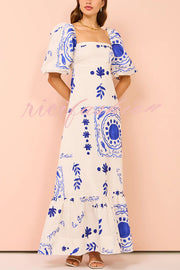 Sherbert Linen Blend Unique Print Square Neck Bubble Sleeve Maxi Dress