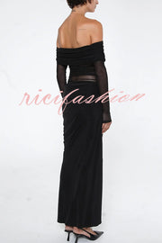 Exquisite Sexy Mesh Patchwork Off Shoulder Cutout Ruched Maxi Dress