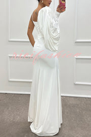 Like Venus One Shoulder Bat Sleeve Ruched Detail Slit Gown Maxi Dress