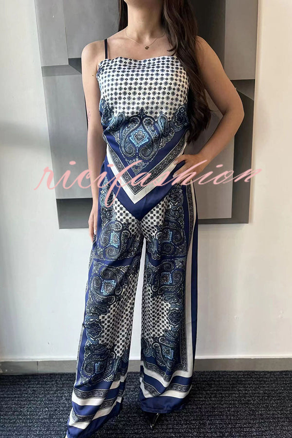 Unique Printed Sling Backless Strappy Top and Elastic Waisted Loose Pants Set