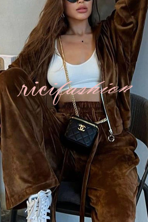 Velvet Casual Zip-up Hooded Top and Elastic Waist Wide Leg Pants Set