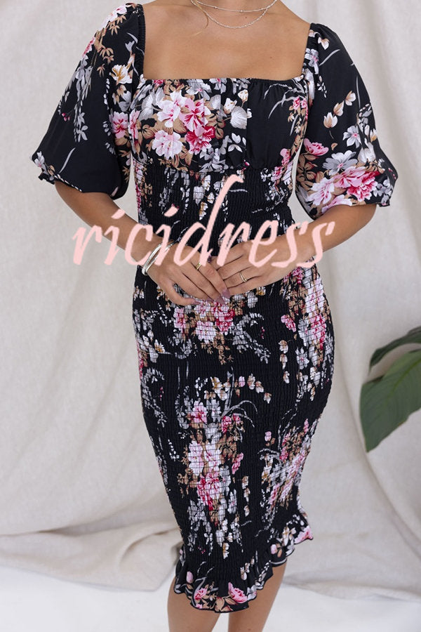 Midnight Beauty Floral Smocked Midi Dress